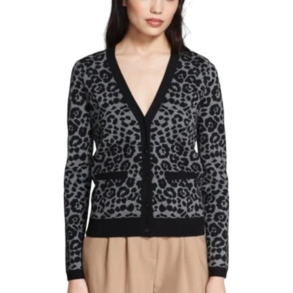 Gray Leopard Print V-Neck Cardigan Sweater - Women